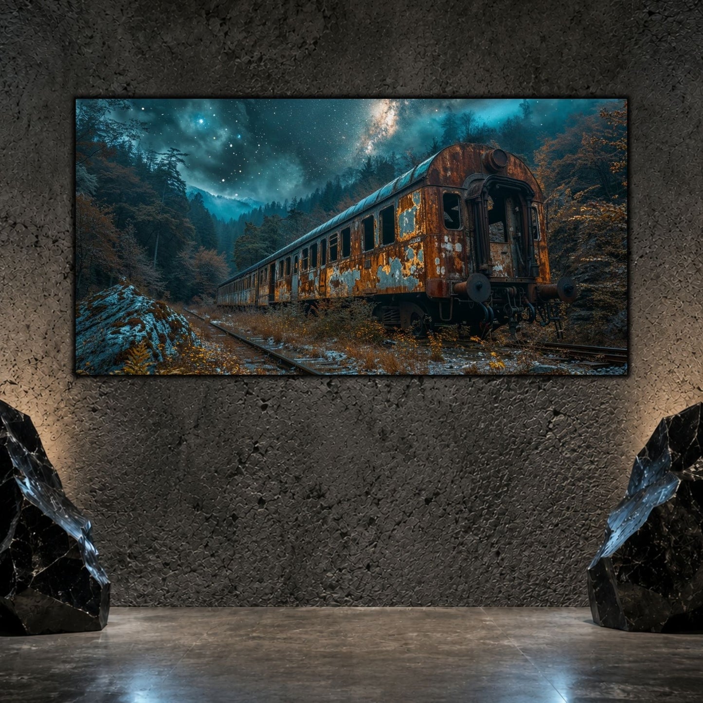 Tablou living elegant „Last Carriage” pe sticlă securizată – mockup într-un living modern