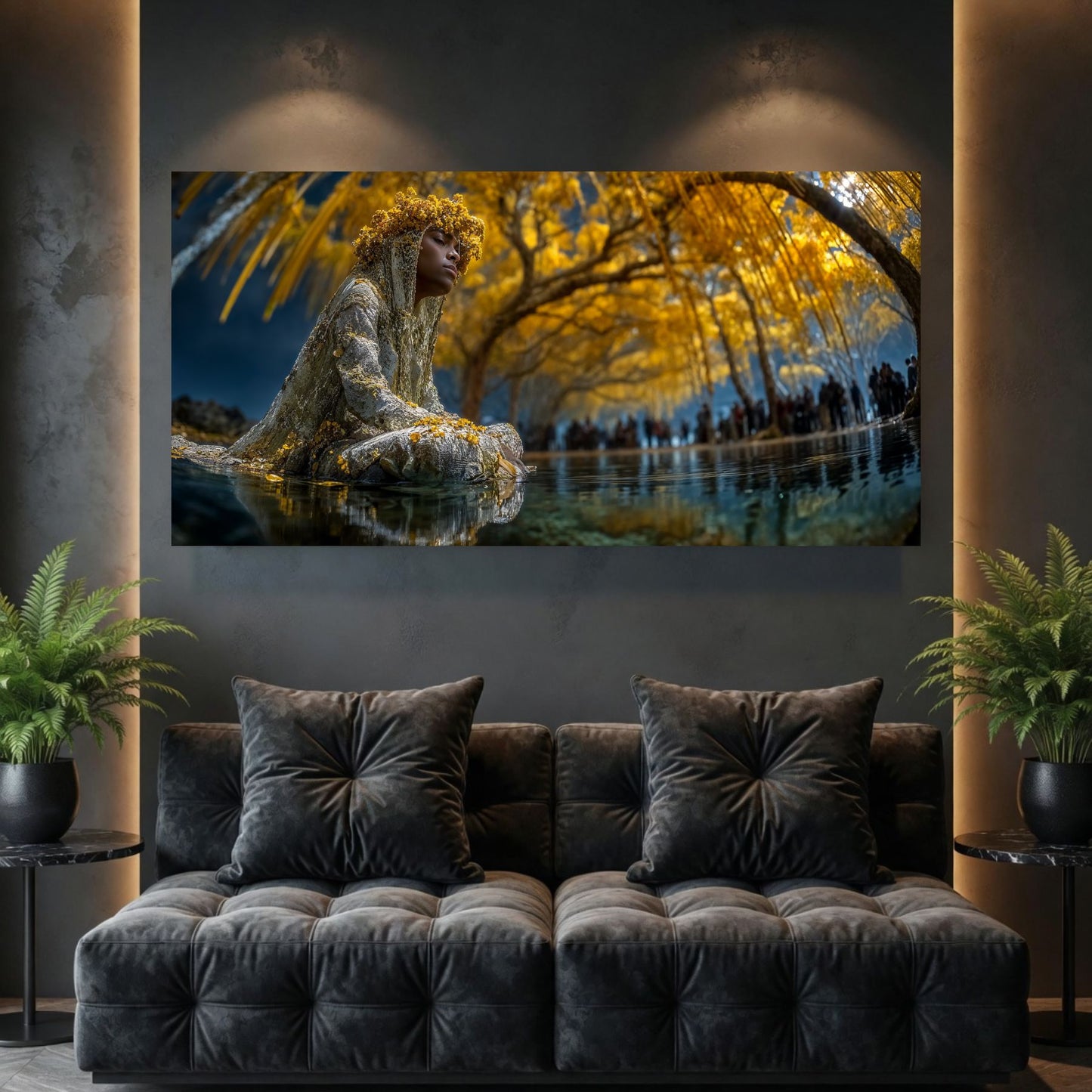 Tablouri Living Sticlă – The Golden Stillness, o figură așezată sub un arbore de aur, într-un peisaj de reflecție, artwork pe sticlă securizată