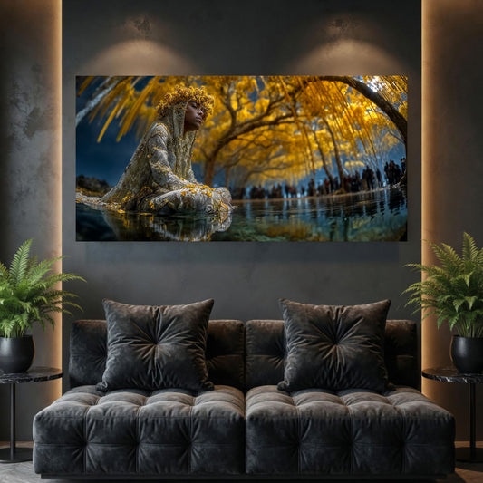 Tablouri Living Sticlă – The Golden Stillness, o figură așezată sub un arbore de aur, într-un peisaj de reflecție, artwork pe sticlă securizată