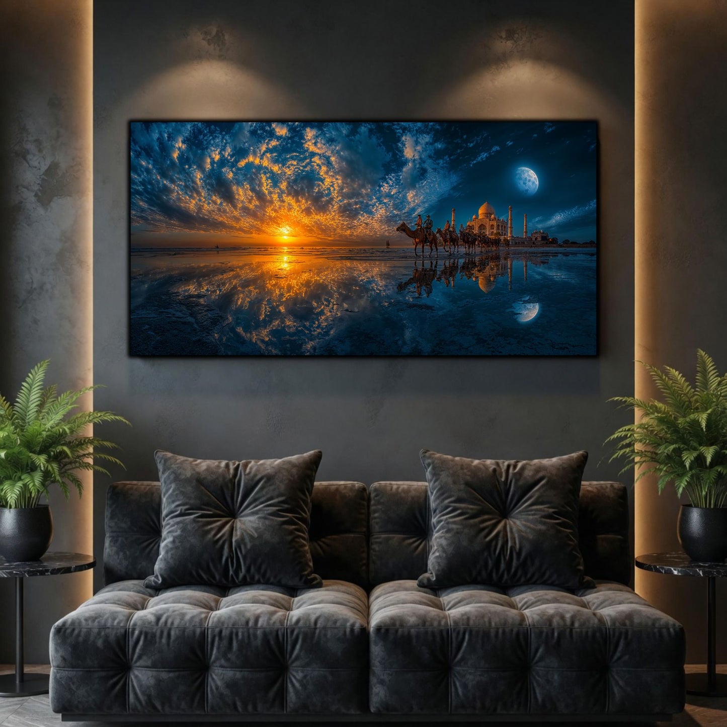Tablouri Living Sticlă – Sun Beyond the Tide, un soare jos, apă liniștită și o siluetă de țărm sub un cer de albastru intens, artwork pe sticlă securizată