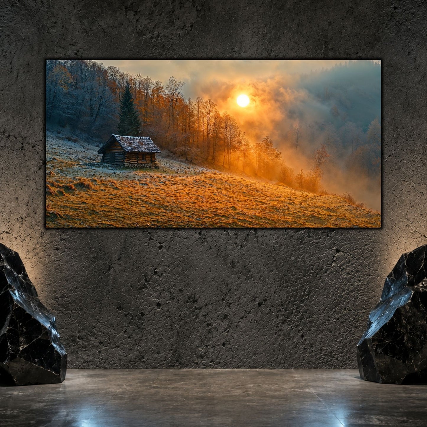 Tablou living elegant „Cabin Under Amber” pe sticlă securizată – mockup într-un living modern