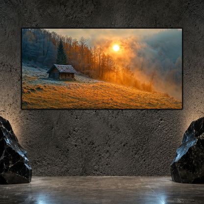Tablou living elegant „Cabin Under Amber” pe sticlă securizată – mockup într-un living modern