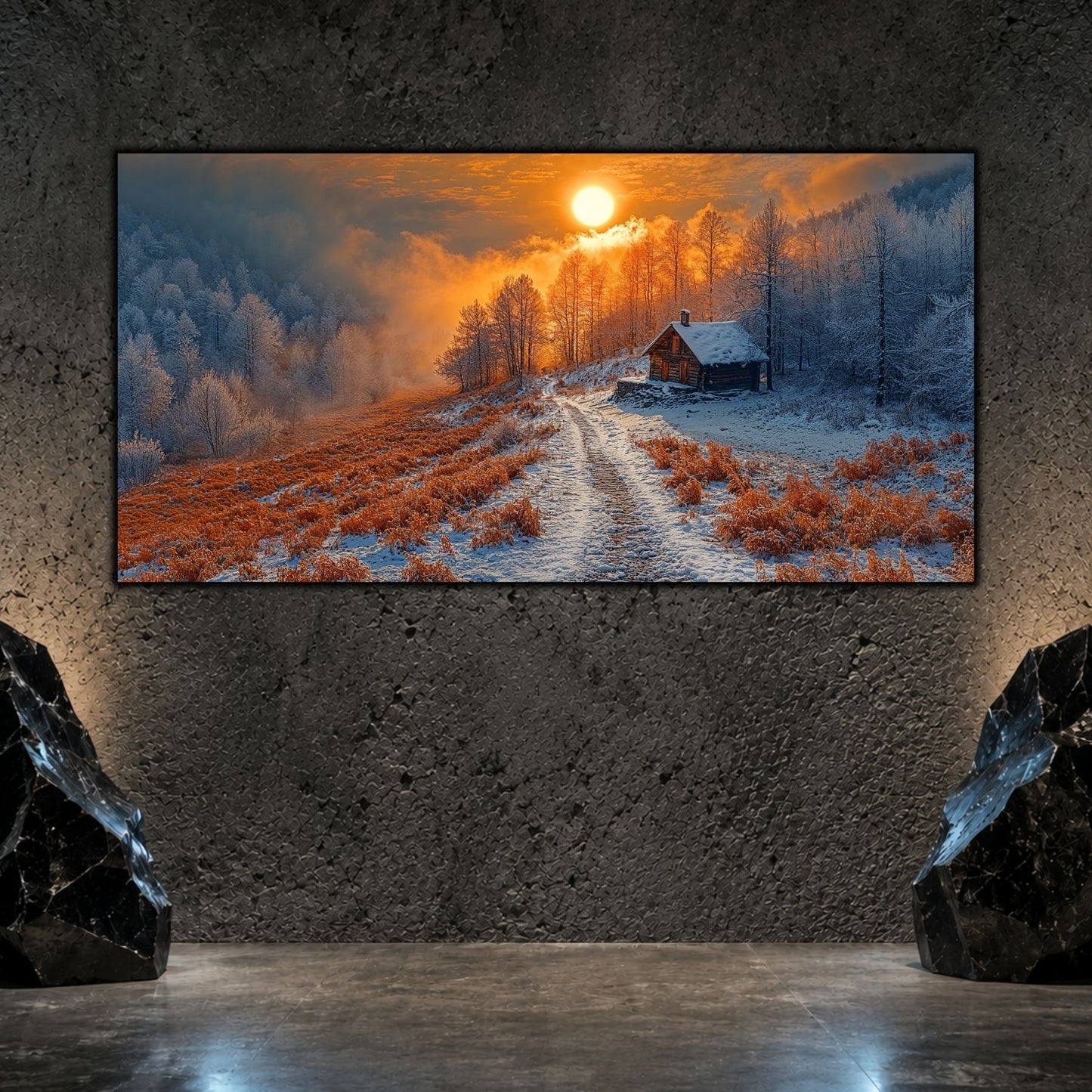 Tablou living elegant „Track to Dawn” pe sticlă securizată – mockup într-un living modern