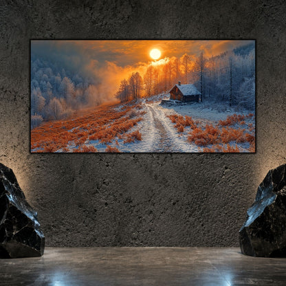 Tablou living elegant „Track to Dawn” pe sticlă securizată – mockup într-un living modern