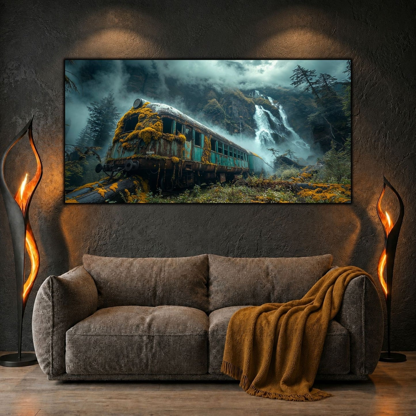Tablouri moderne sufragerie „Waterfall Station” pe sticlă securizată – mockup într-un living contemporan