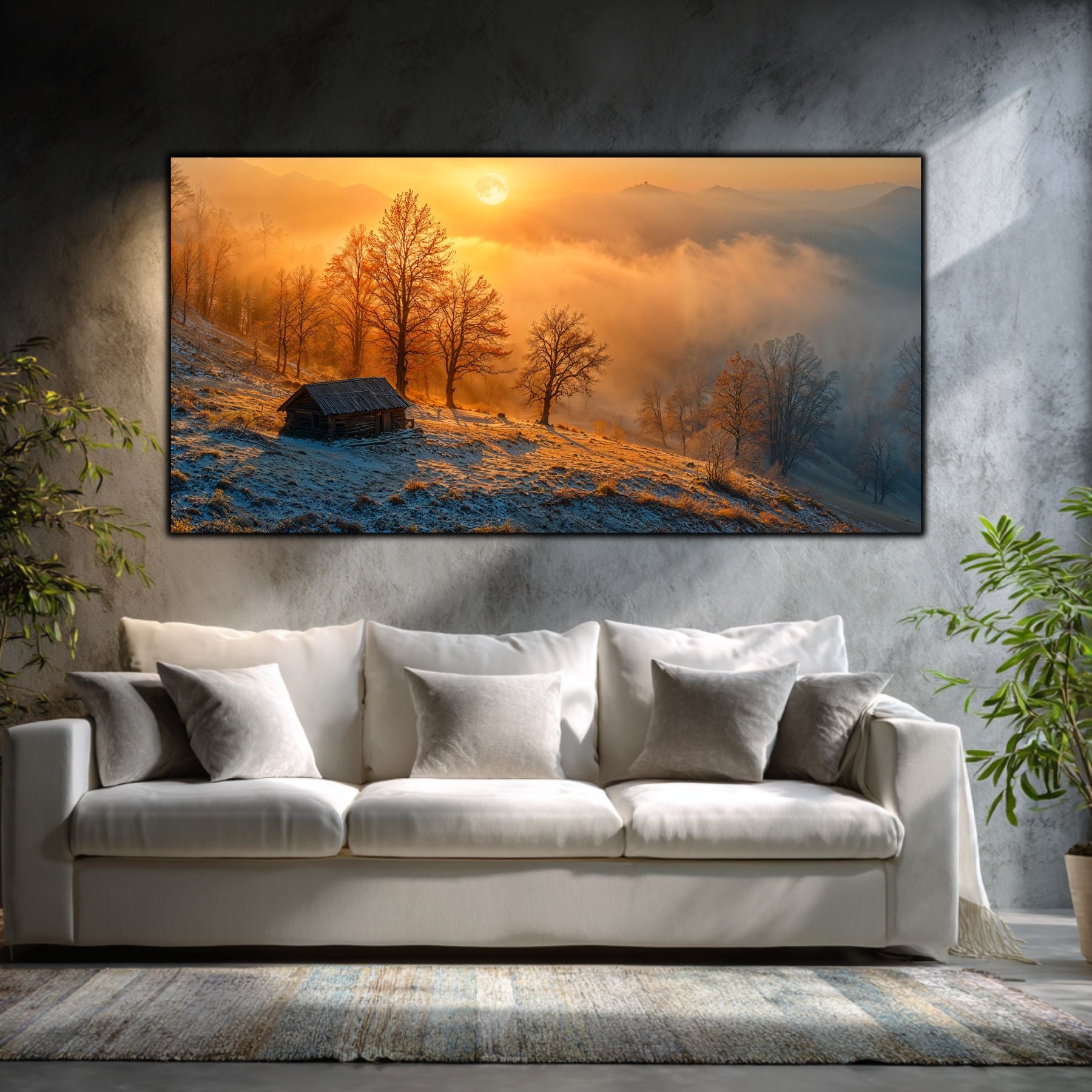 Tablouri moderne sufragerie „Cabin Above the Clouds” pe sticlă securizată – mockup într-un living contemporan