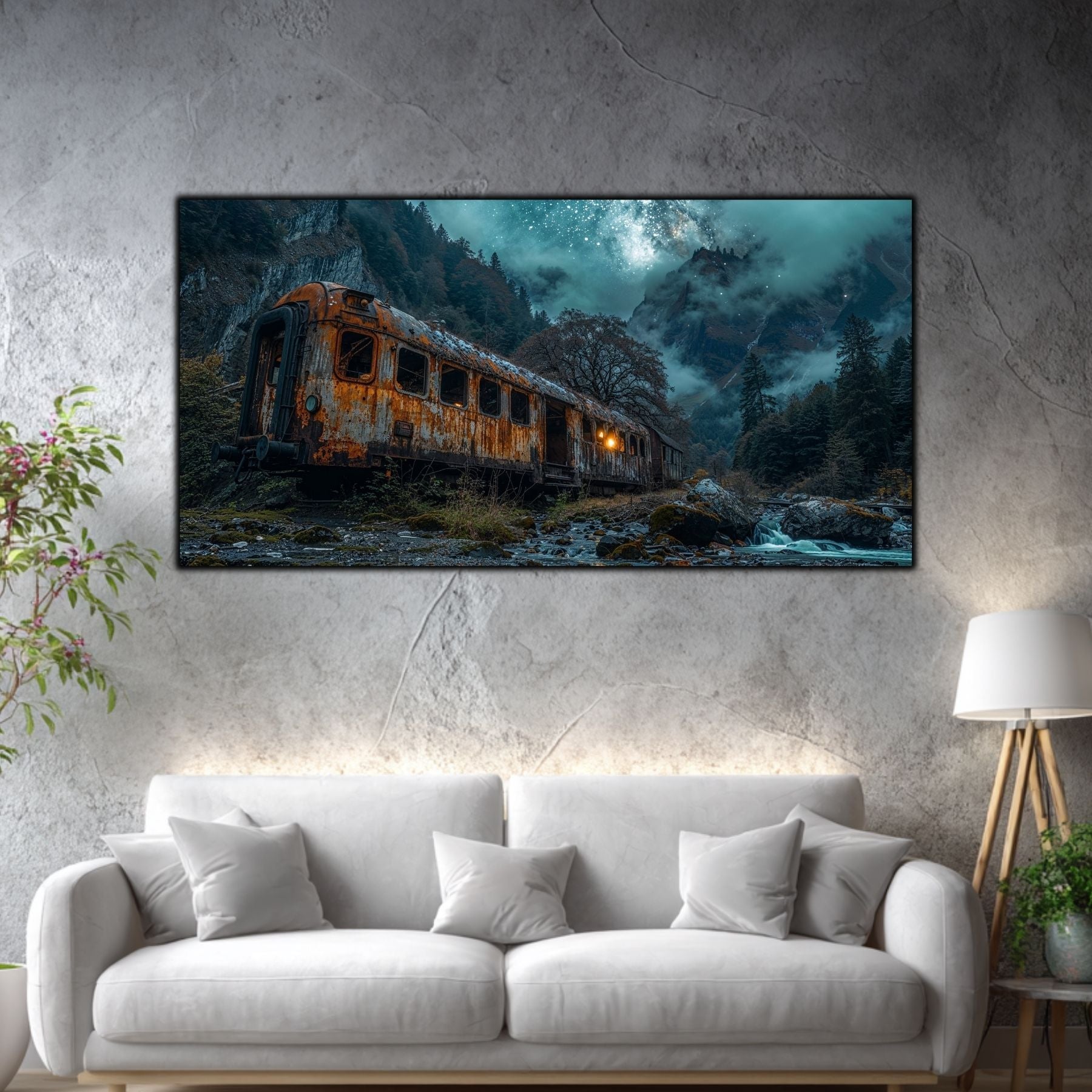 Tablou mare pentru living „Smoke on Rails” – peisaj de iarnă în amenajare interioară
