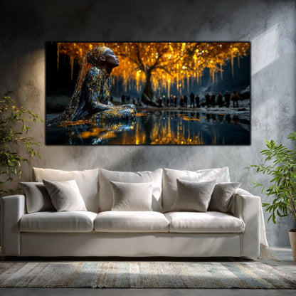Tablouri Sufragerie Sticlă – The Watcher Beneath Gold, mockup interior cu tablou pe sticlă securizată