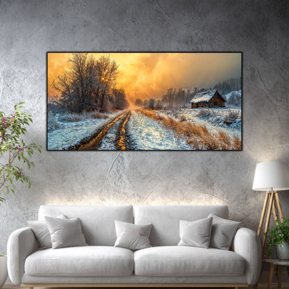 Tablou mare pentru living „The Road Remembers” – peisaj de iarnă în amenajare interioară