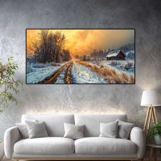 Tablou mare pentru living „The Road Remembers” – peisaj de iarnă în amenajare interioară