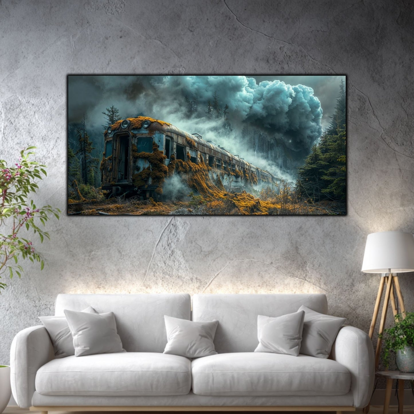 Tablou mare pentru living „The Train That Stayed” – peisaj de iarnă în amenajare interioară