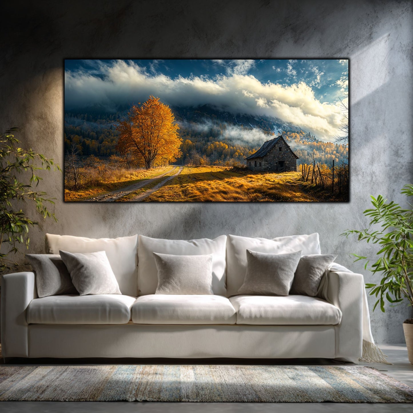 Tablouri moderne sufragerie „The Road to Stone” pe sticlă securizată – mockup într-un living contemporan