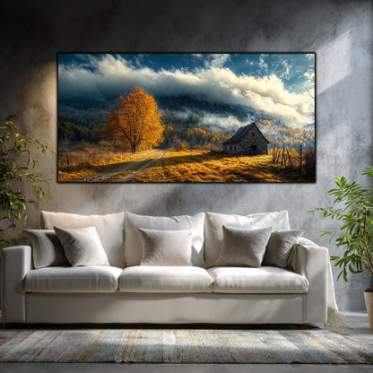 Tablouri moderne sufragerie „The Road to Stone” pe sticlă securizată – mockup într-un living contemporan