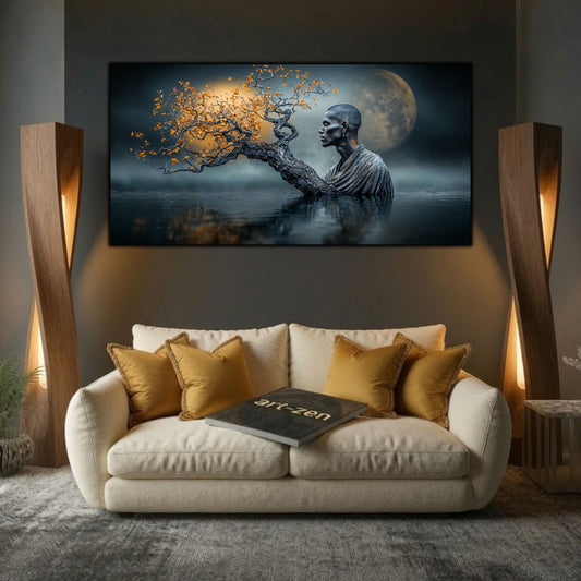 Tablouri moderne living Veghetorul Arborelui Lunar deasupra unei canapele crem, într-un decor cu lemn și accente aurii.