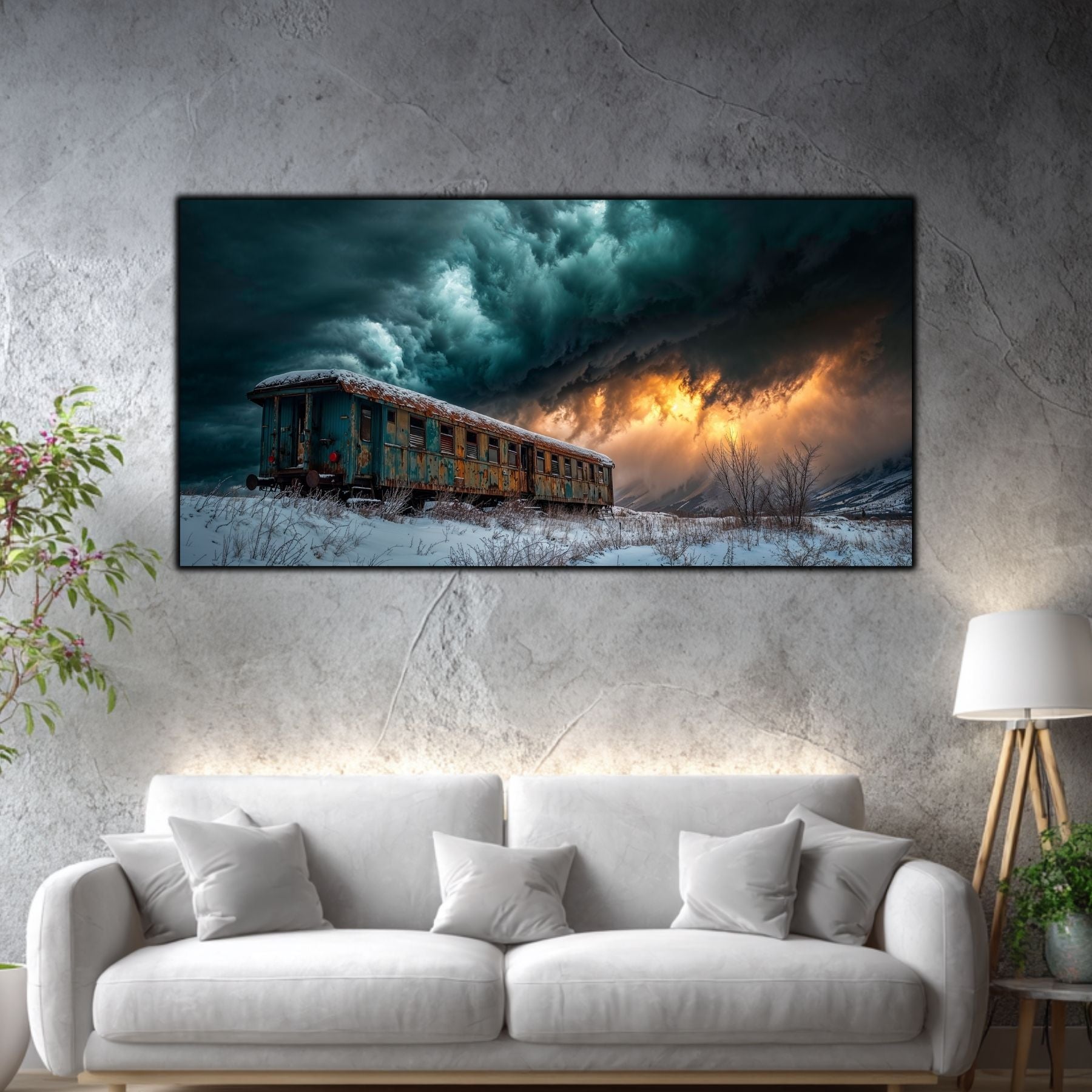 Tablou mare pentru living „Stormbound Carriage” – peisaj de iarnă în amenajare interioară