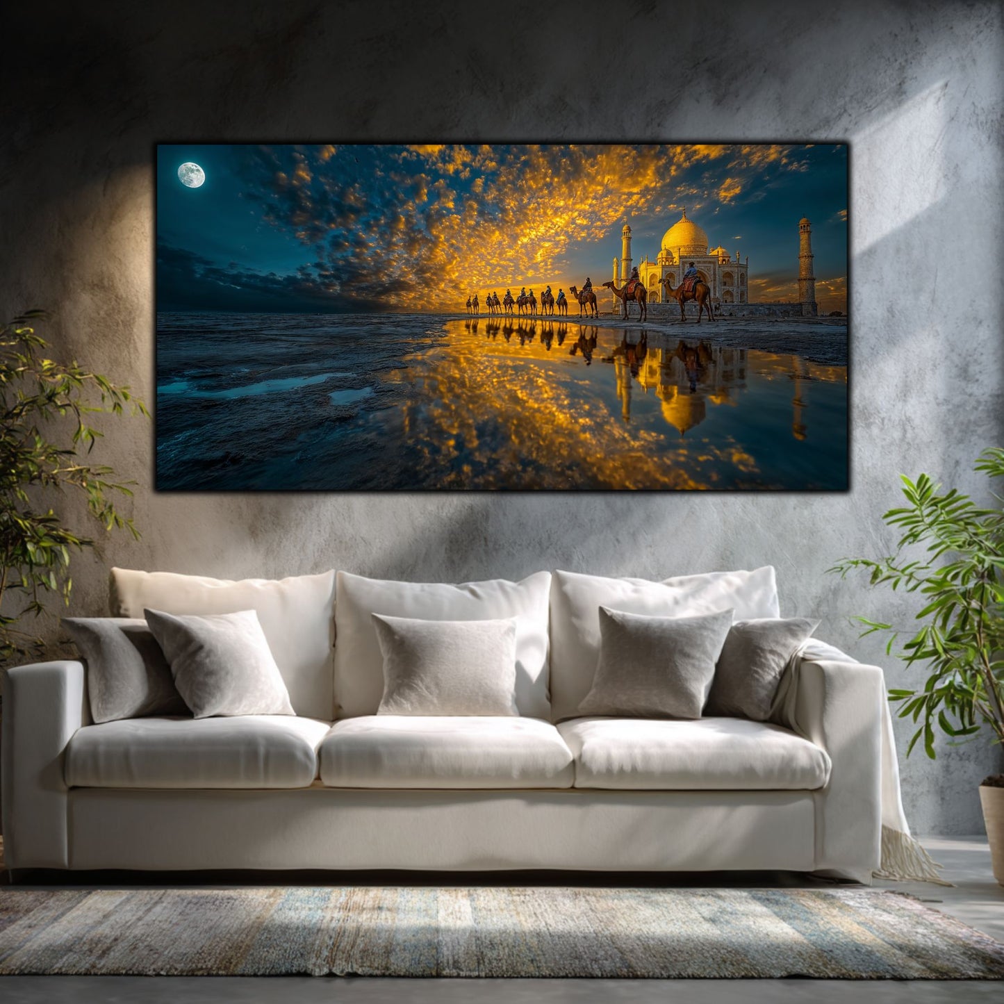 Tablouri Sufragerie Sticlă – The Moonlit Procession, mockup interior cu tablou pe sticlă securizată
