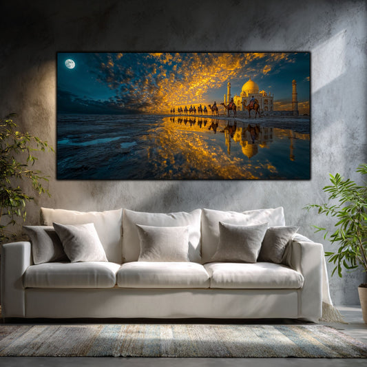 Tablouri Sufragerie Sticlă – The Moonlit Procession, mockup interior cu tablou pe sticlă securizată