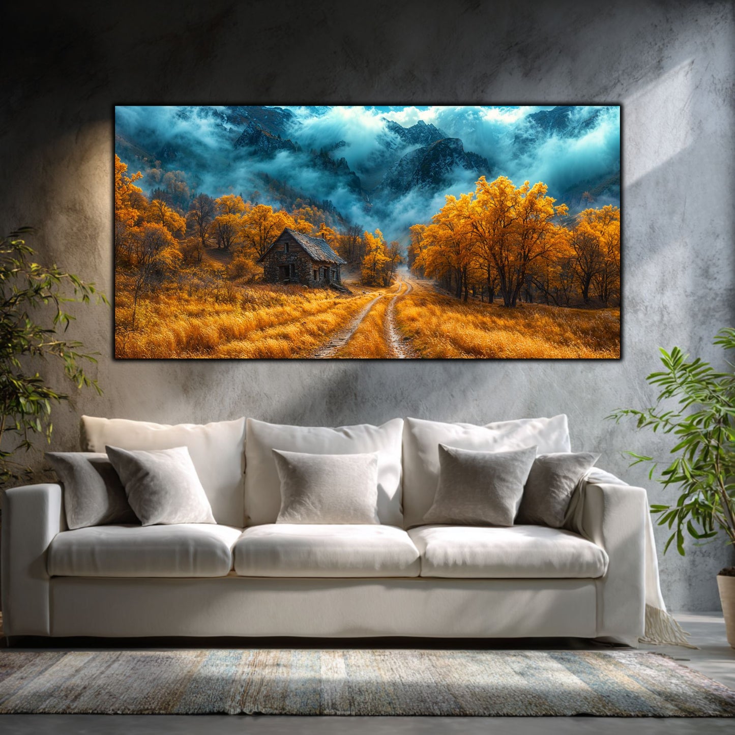 Tablouri moderne sufragerie „The Mountain Keeps Watch” pe sticlă securizată – mockup într-un living contemporan