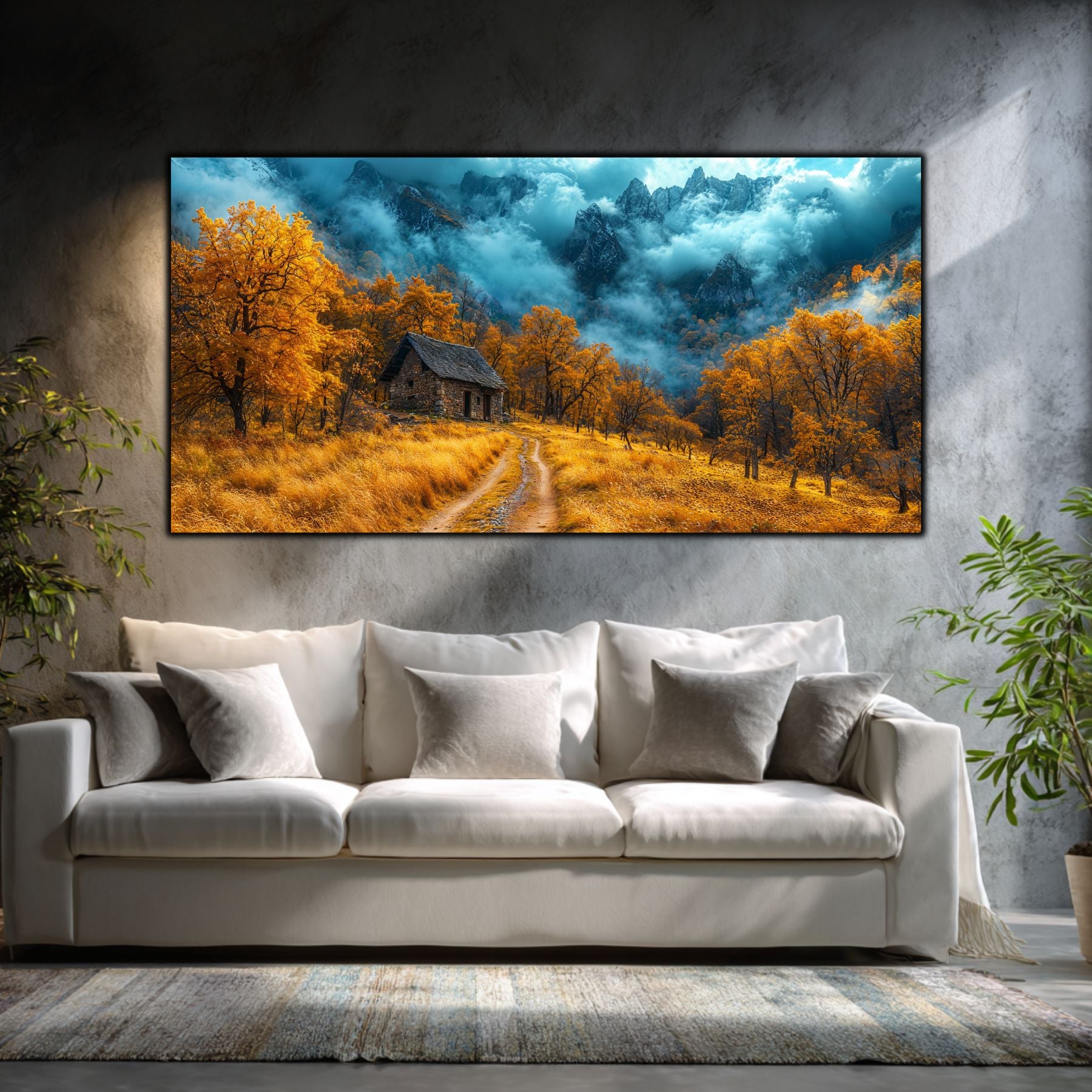 Tablouri moderne sufragerie „Autumn Under the Mountain” pe sticlă securizată – mockup într-un living contemporan