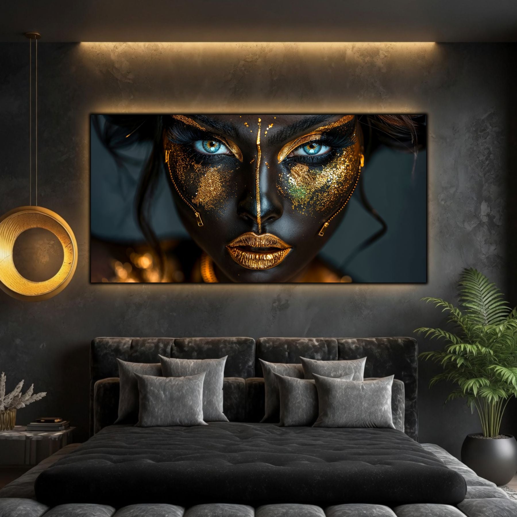 Tablou living elegant Gilded Silence sticla securizata 4mm - mockup perspectiva 2