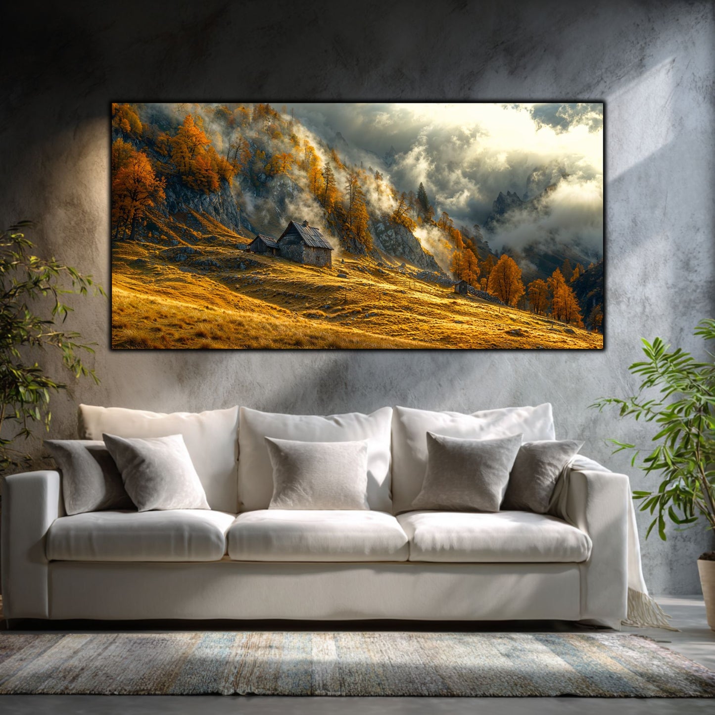 Tablouri moderne sufragerie „The Far Slope” pe sticlă securizată – mockup într-un living contemporan