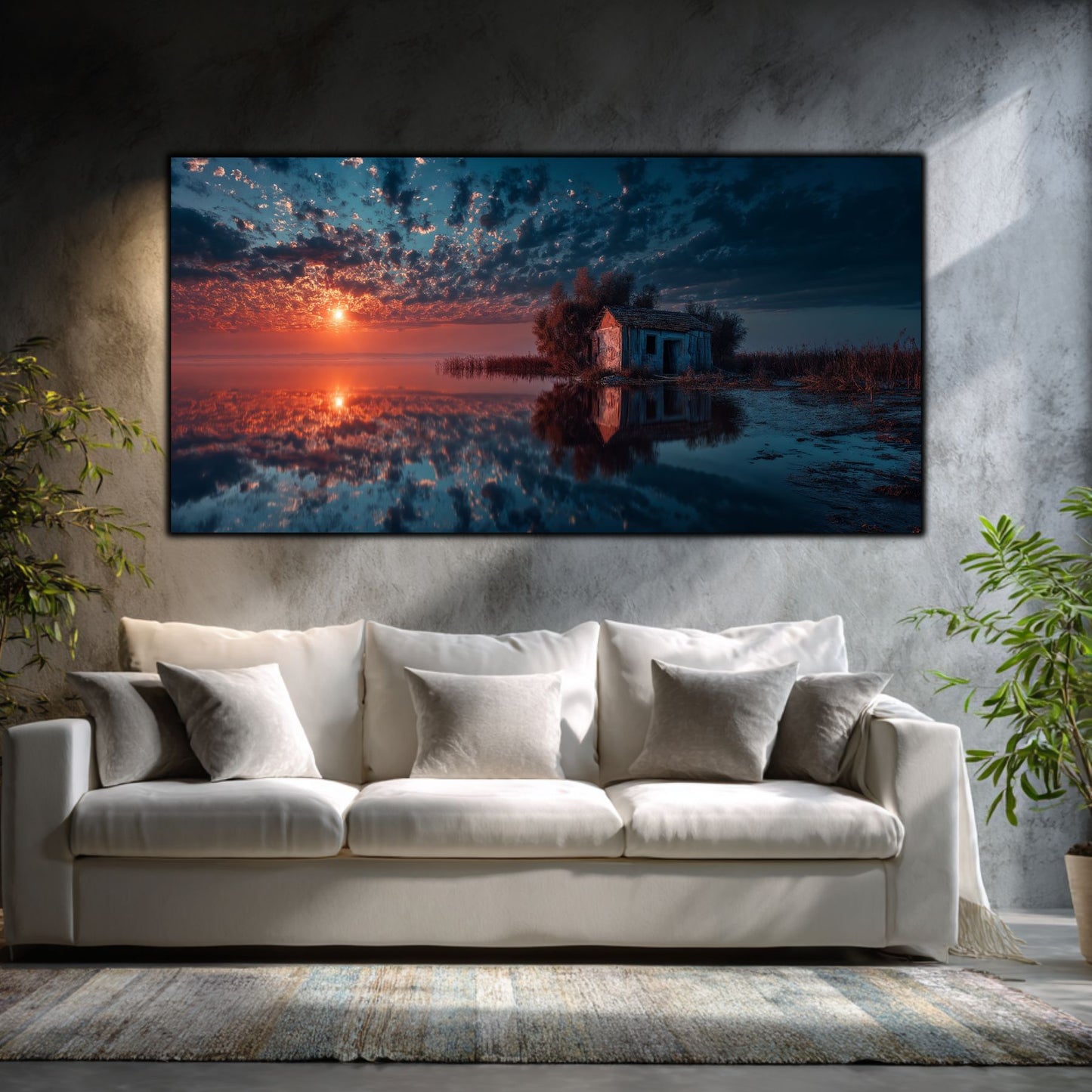 Tablouri Sufragerie Sticlă – House at Waterline, mockup interior cu tablou pe sticlă securizată
