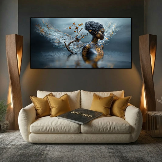 Tablouri moderne living Rădăcini în Amurg deasupra unei canapele crem, într-un decor contemporan cu accente aurii.