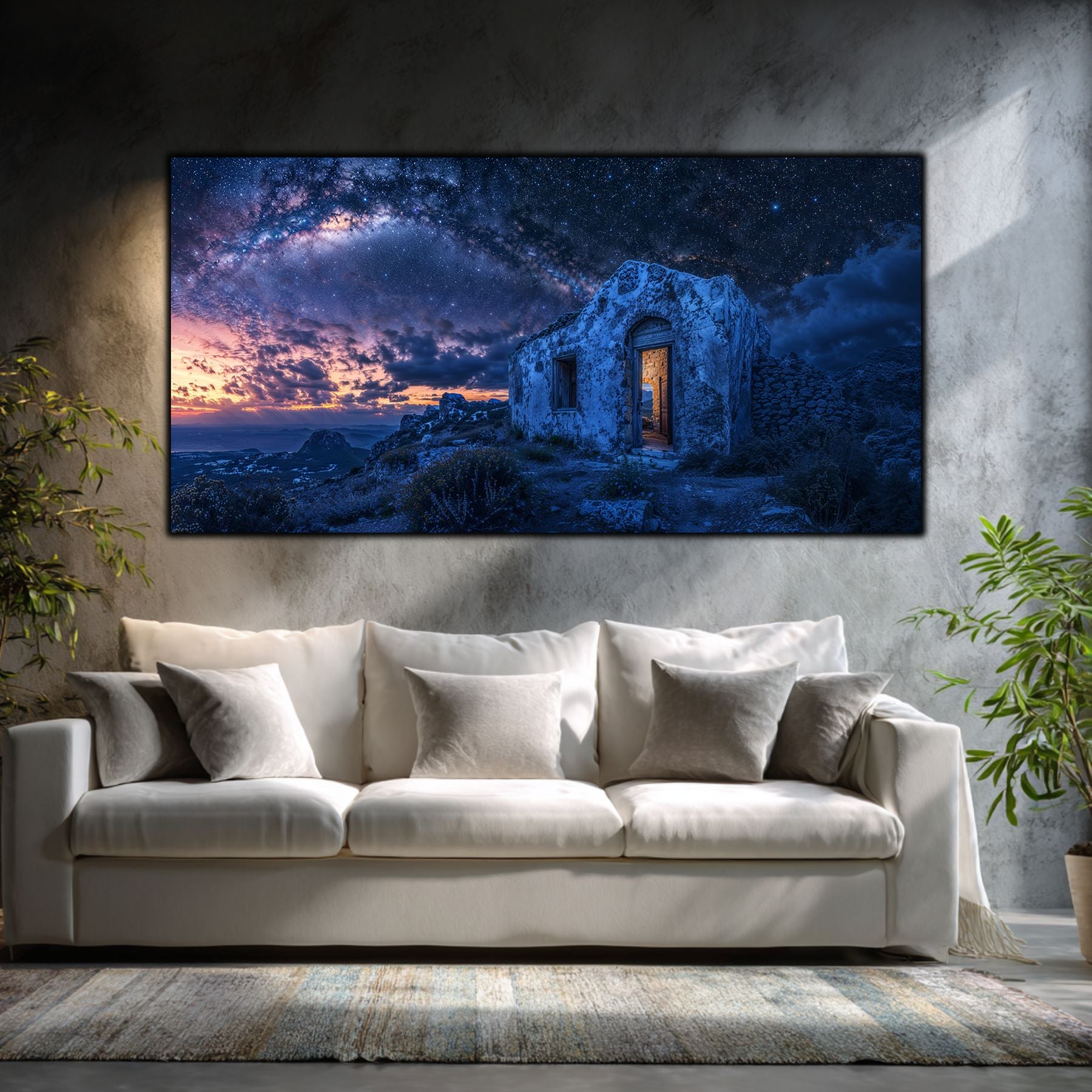 Tablouri Sufragerie Sticlă – Violet Threshold, mockup interior cu tablou pe sticlă securizată