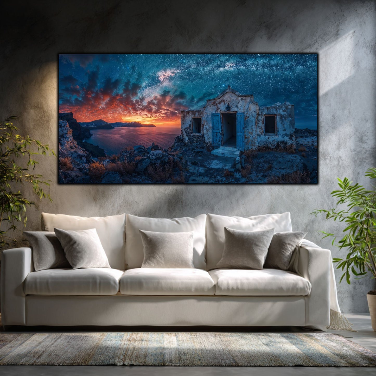 Tablouri Sufragerie Sticlă – Ember Ruins, mockup interior cu tablou pe sticlă securizată
