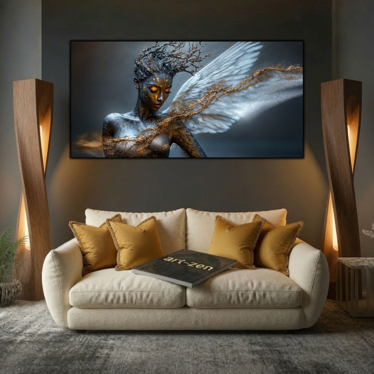 Tablouri moderne living Aripa Albă a Devenirii deasupra unei canapele crem, într-un decor contemporan cu accente aurii.