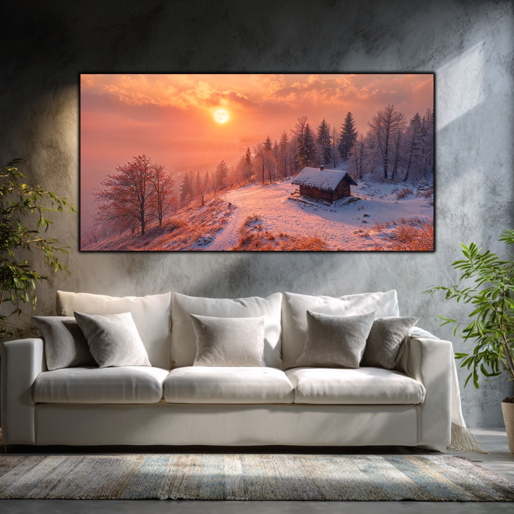 Tablouri moderne sufragerie „The Quiet Ascent” pe sticlă securizată – mockup într-un living contemporan
