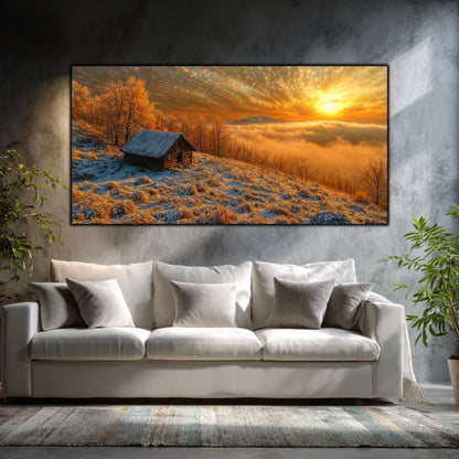 Tablouri moderne sufragerie „Cabin at Daybreak” pe sticlă securizată – mockup într-un living contemporan