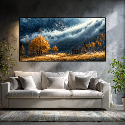 Tablouri moderne sufragerie „The Valley Below” pe sticlă securizată – mockup într-un living contemporan