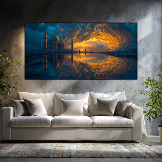 Tablouri Sufragerie Sticlă – The Far Horizon, mockup interior cu tablou pe sticlă securizată