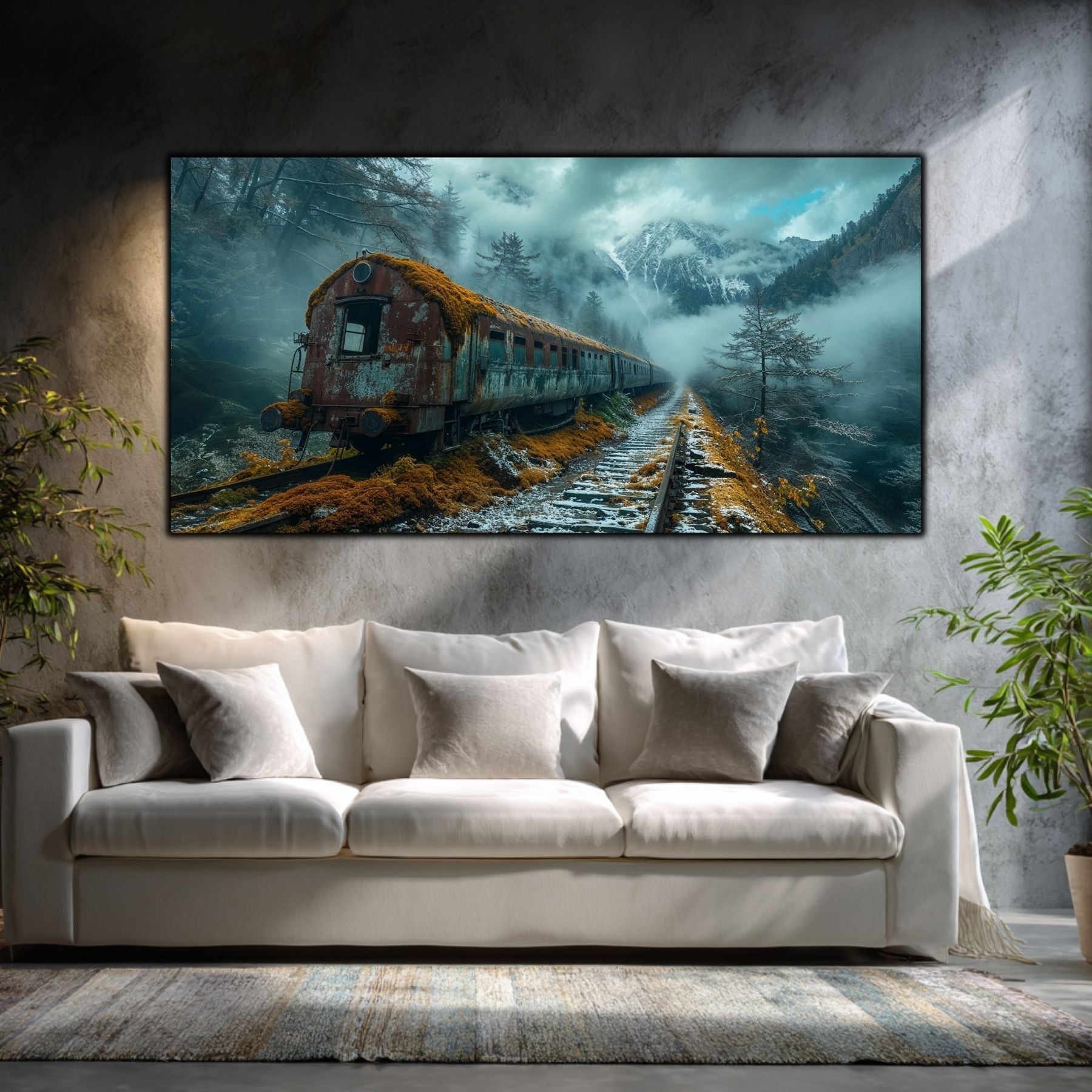 Tablou modern pentru sufragerie „The Carriage in the Mist” – peisaj din The Long Way Home în amenajare interioară