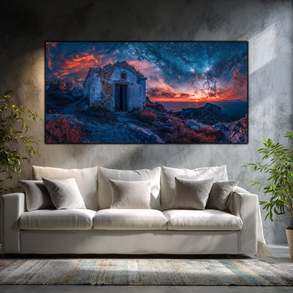 Tablouri Sufragerie Sticlă – The House Beneath Stars, mockup interior cu tablou pe sticlă securizată