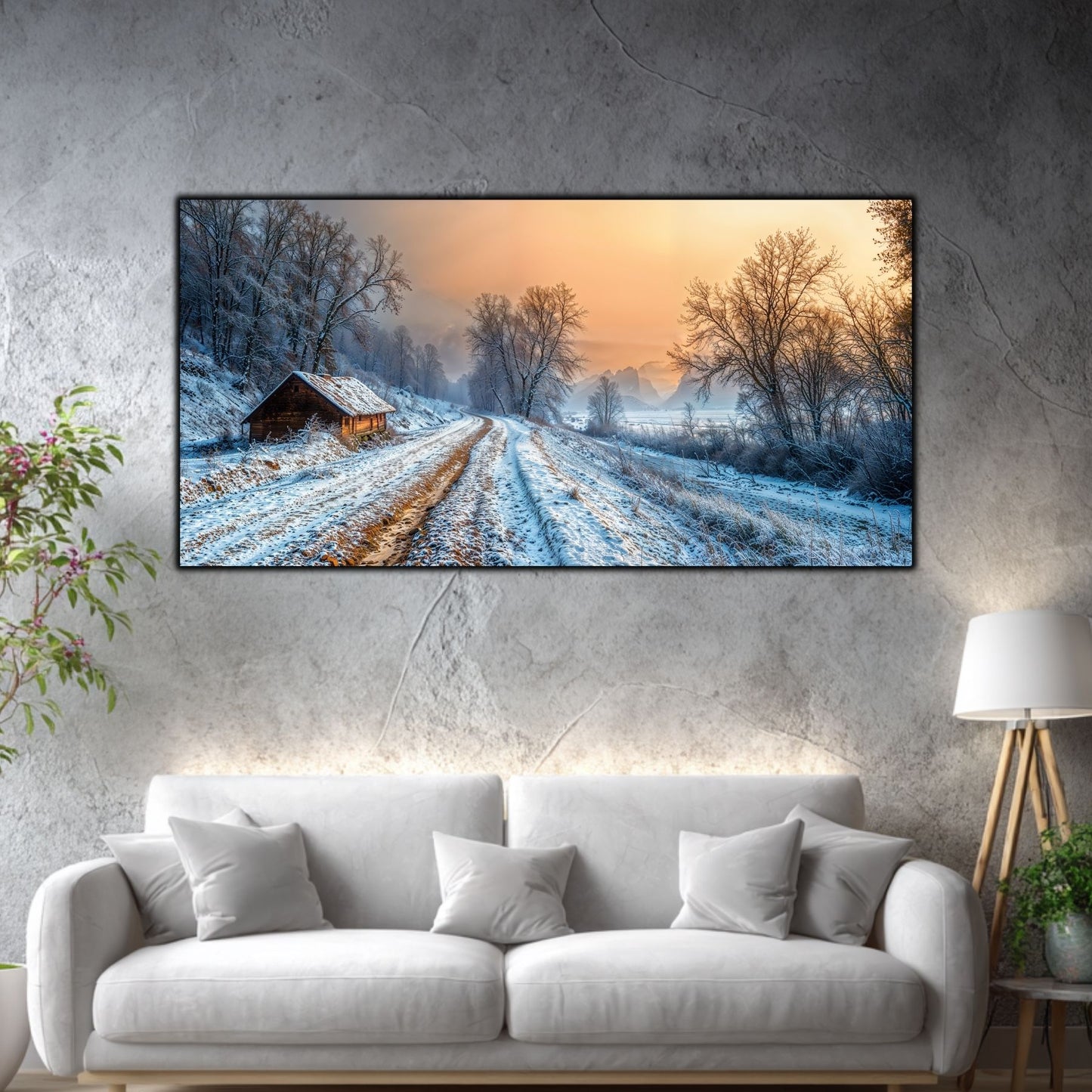 Tablou mare pentru living „The Unfinished Journey” – peisaj de iarnă în amenajare interioară
