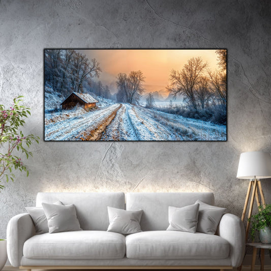 Tablou mare pentru living „The Unfinished Journey” – peisaj de iarnă în amenajare interioară