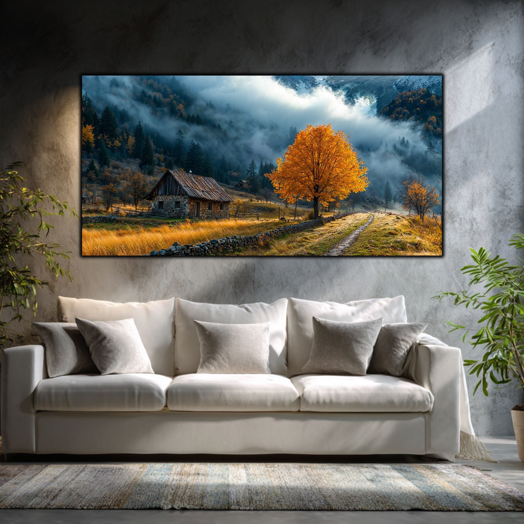 Tablouri moderne sufragerie „The Road Beside the Tree” pe sticlă securizată – mockup într-un living contemporan