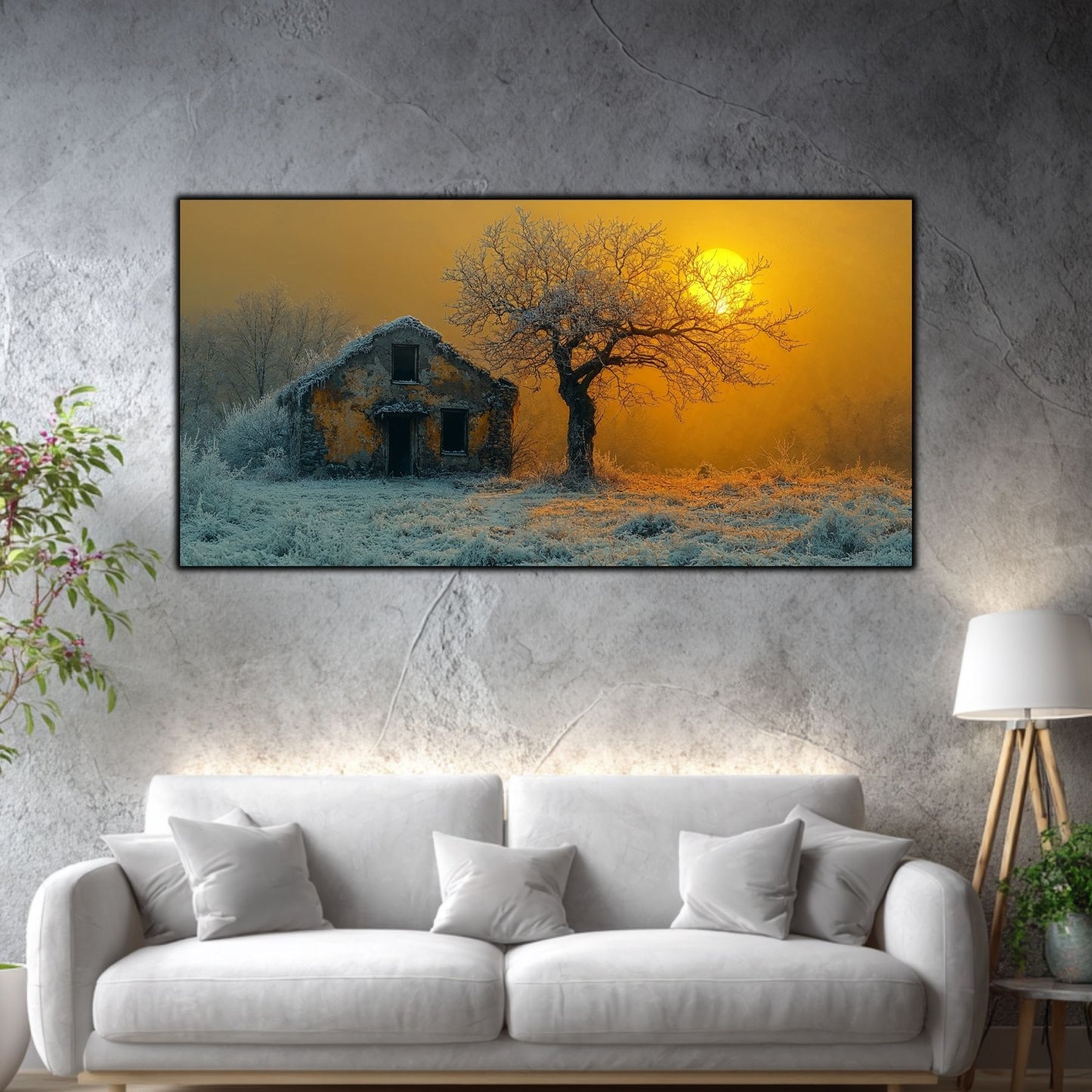 Tablou mare pentru living „The Last Orchard” – peisaj de iarnă în amenajare interioară