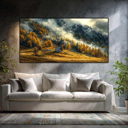 Tablouri moderne sufragerie „Where the Mist Settles” pe sticlă securizată – mockup într-un living contemporan