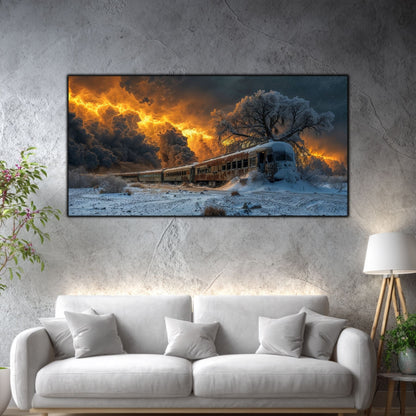 Tablou mare pentru living „Fire Over the Rails” – peisaj de iarnă în amenajare interioară