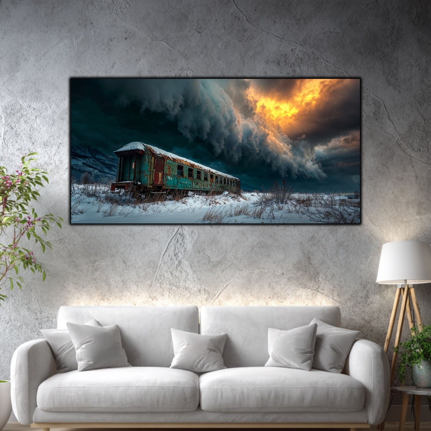 Tablou mare pentru living „Carriage in the Storm” – peisaj de iarnă în amenajare interioară