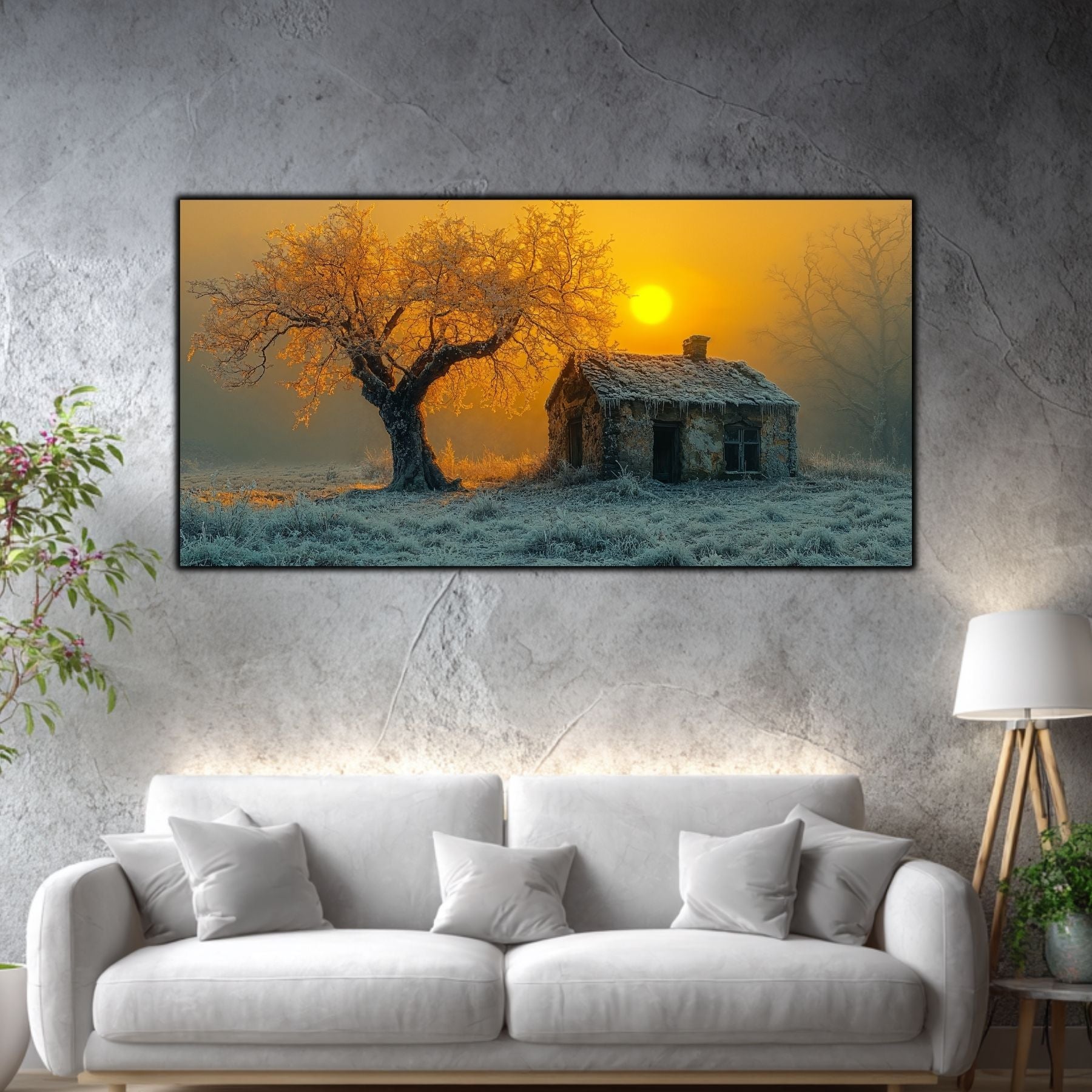 Tablou mare pentru living „House Beneath the Sun” – peisaj de iarnă în amenajare interioară