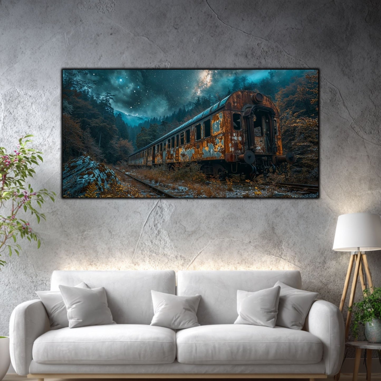 Tablou mare pentru living „Last Carriage” – peisaj de iarnă în amenajare interioară