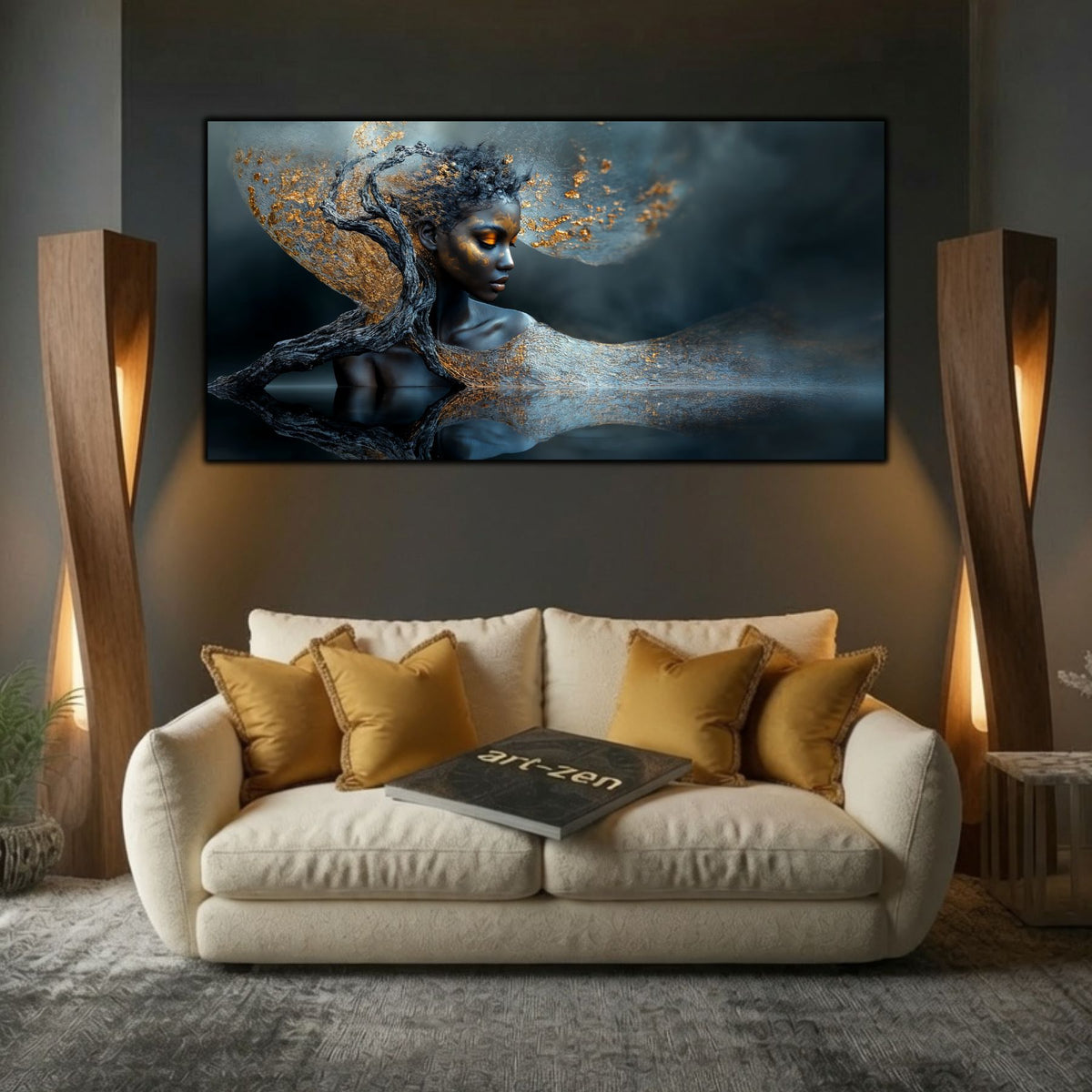 Tablouri moderne living Portret în Văl de Argint deasupra unei canapele crem, într-un decor cald și contemporan.