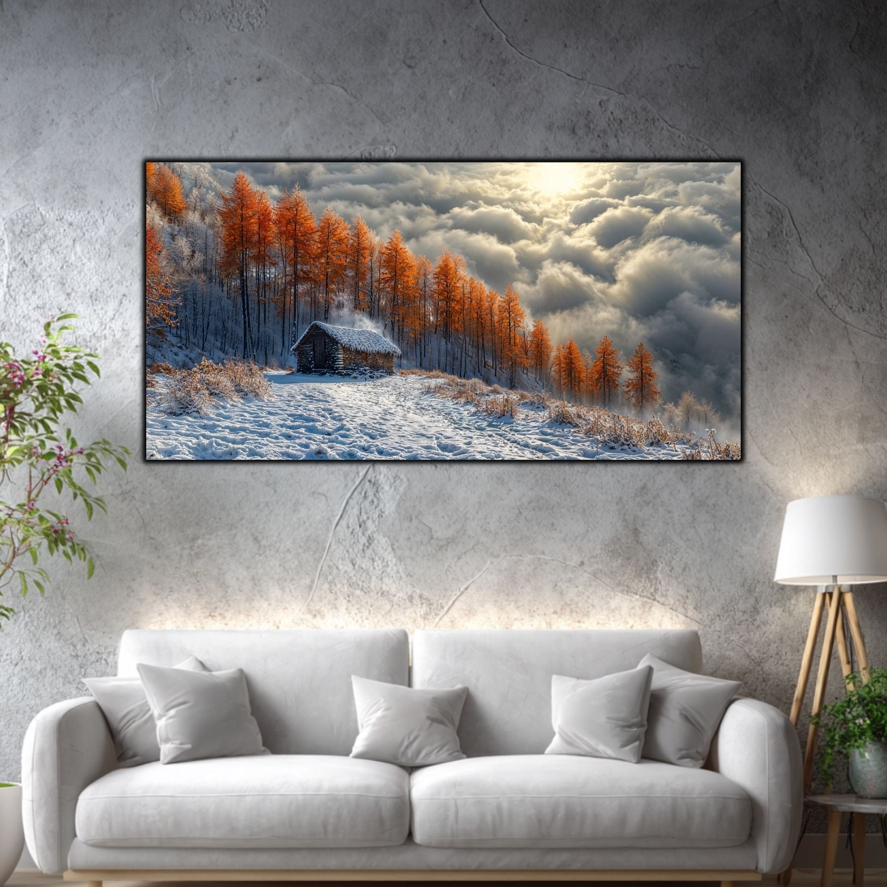 Tablou mare pentru living „After the Snowfall” – peisaj de iarnă în amenajare interioară