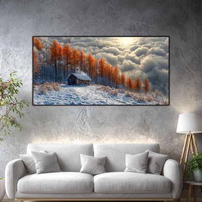 Tablou mare pentru living „After the Snowfall” – peisaj de iarnă în amenajare interioară