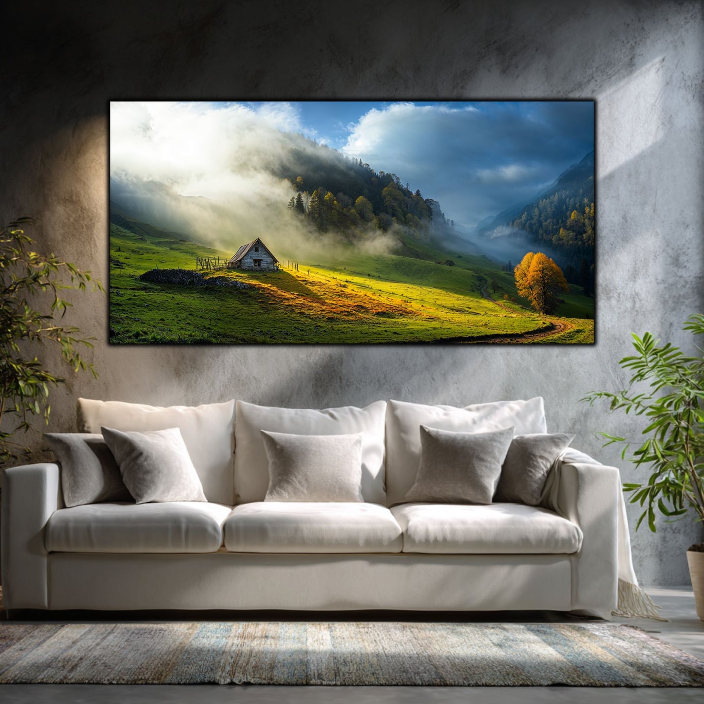 Tablouri moderne sufragerie „The Green Return” pe sticlă securizată – mockup într-un living contemporan