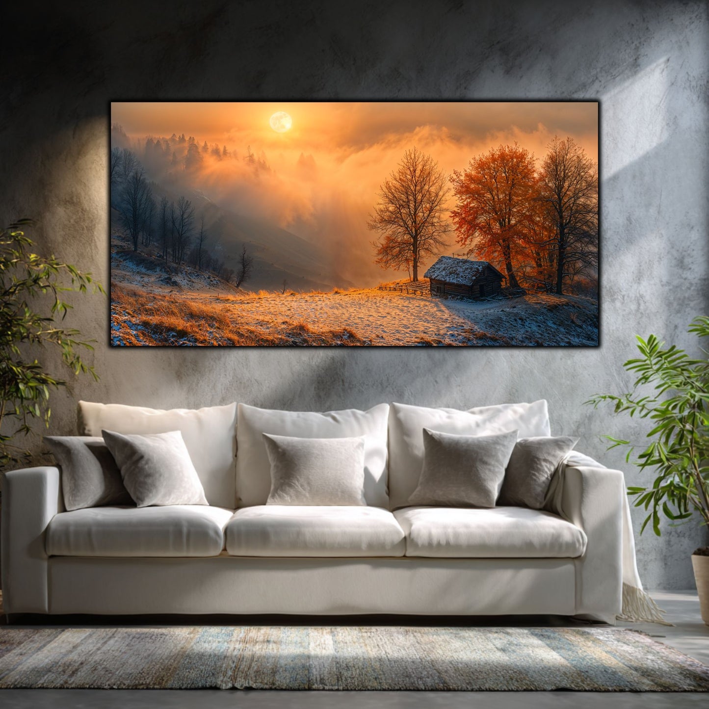 Tablouri moderne sufragerie „The Sunlit Return” pe sticlă securizată – mockup într-un living contemporan